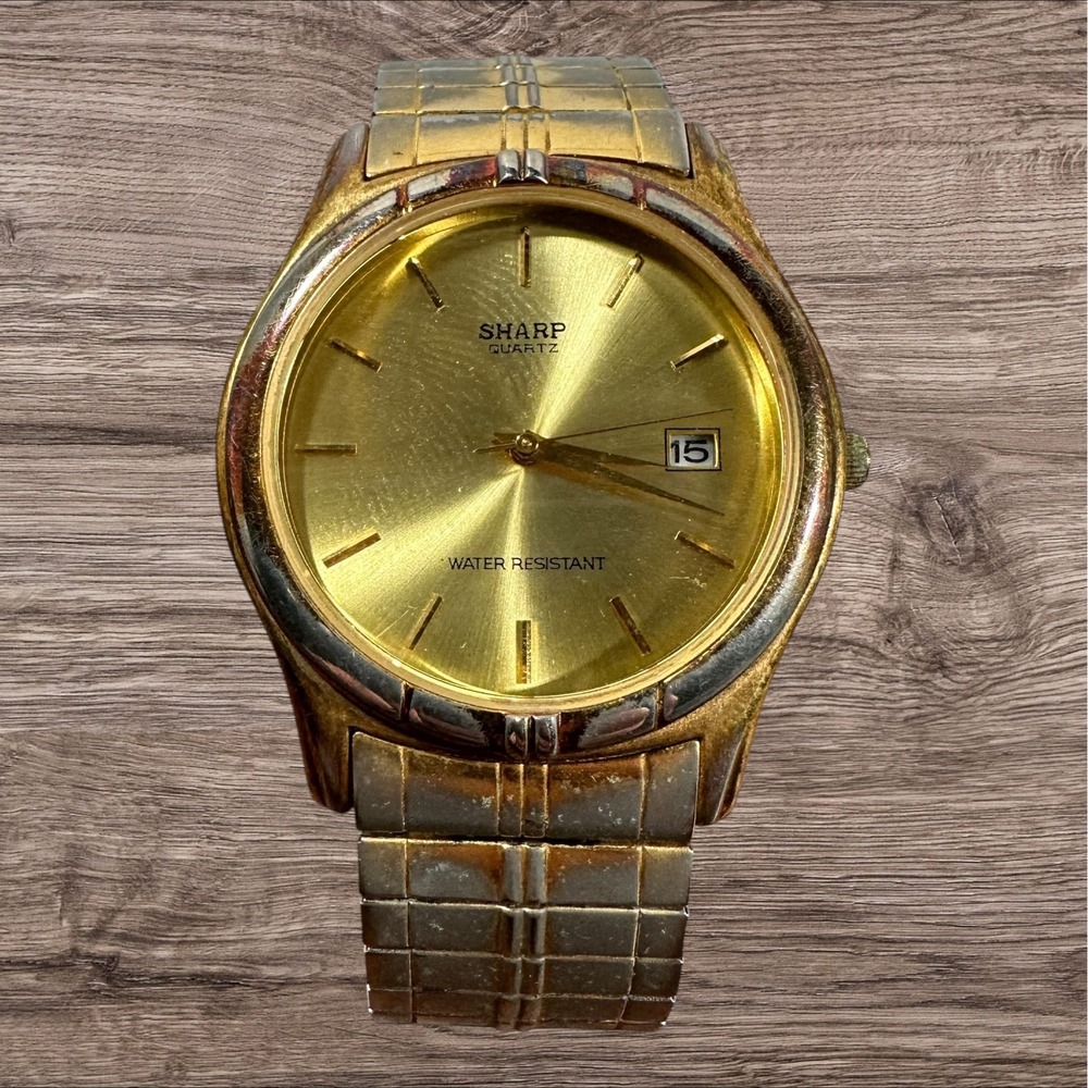 Mens Sharp Quartz Watch Gold‎ Tone Date Japan 246253 377 Stretch Band